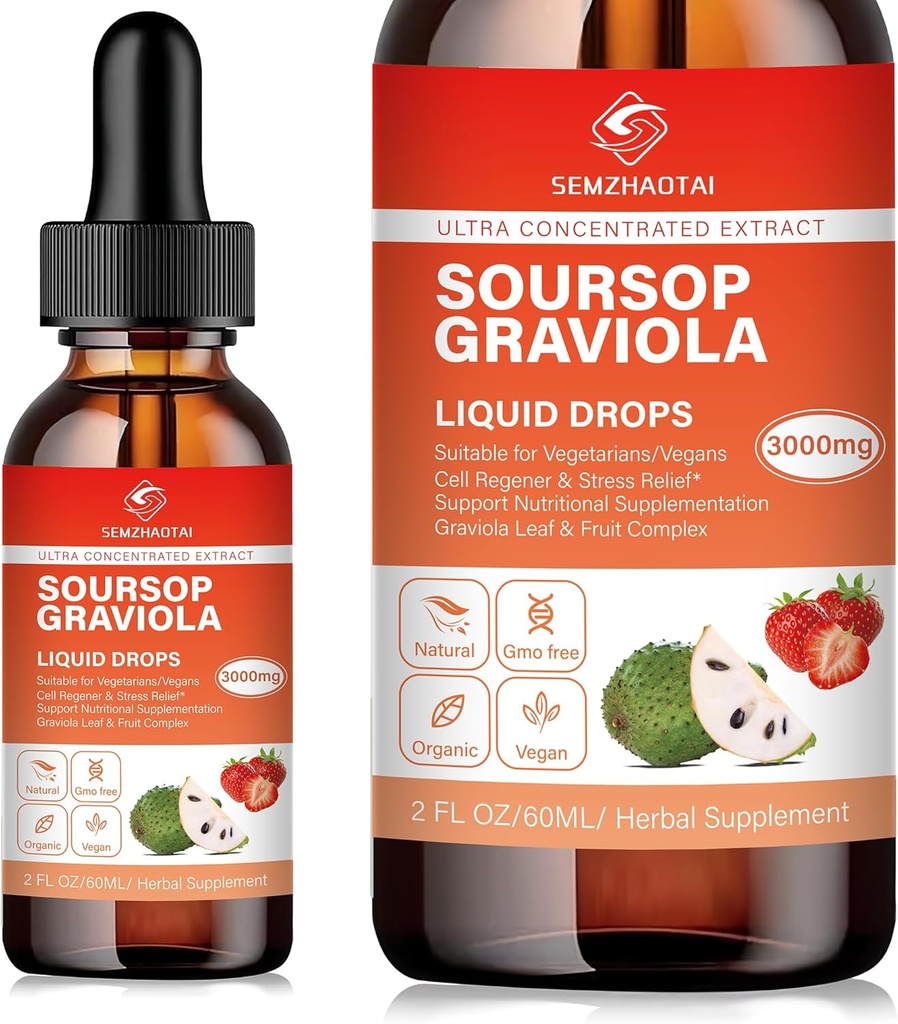 Soursop Graviola Blattextrakt & Sea Moss Flüssigkeitstropfen - Zellunterstützung, Immunität Boost, Lebergesundheit, Schlafhilfe & Antioxidantien - Pure Soursop Bitters, 2 Monate Versorgung, 2 Fl Oz (2oz, Erdbeere)