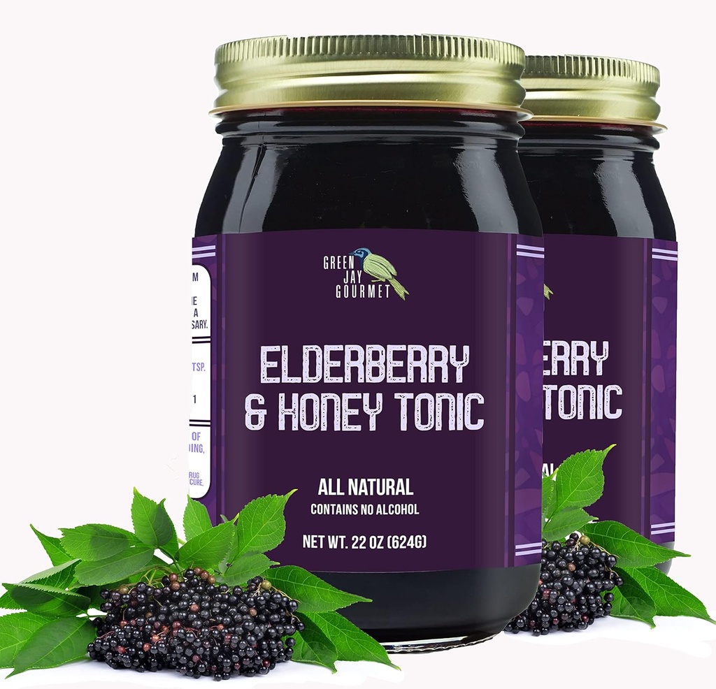 Green Jay Gourmet Elderberry Tonic – All Natural Elderberry Syrup – Elderberry Immune Support for Kids & Adults – Powerful Elderberry & Honey Blend – Sambucus Elderberry Syrup – 2 x 22 Unzen