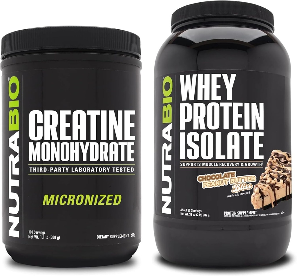 NutraBio Créatine monohydratée, non aromatisée, 500g et Isolate de protéines de lactosérum, beurre d'arachides au chocolat, supplément - énergie musculaire, croissance musculaire maigre, récupération et force
