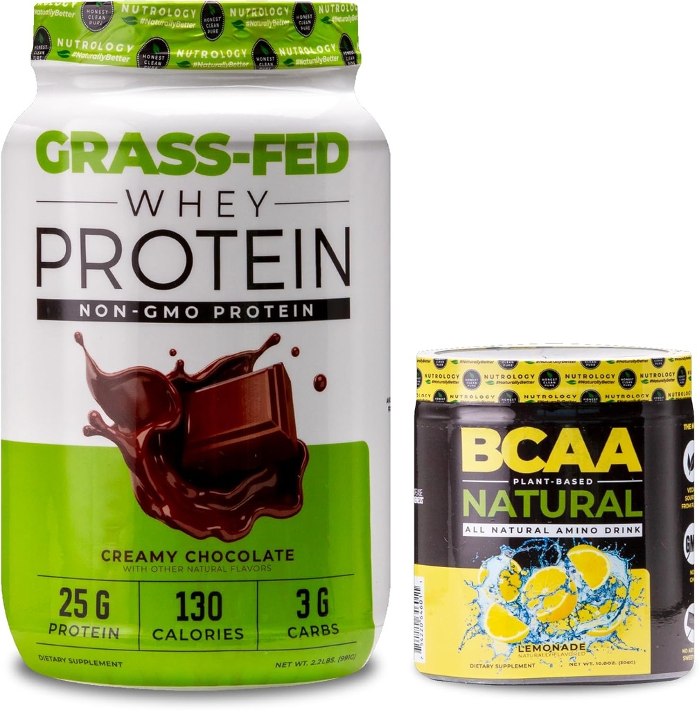 Nutrologie Poudre de protéines de lactosérum de l'herbe, soutient la récupération des muscles maigres et la performance, Saveur de chocolat crémeuse (28 portions) BCAA naturel, Saveur de citron (30 portions)
