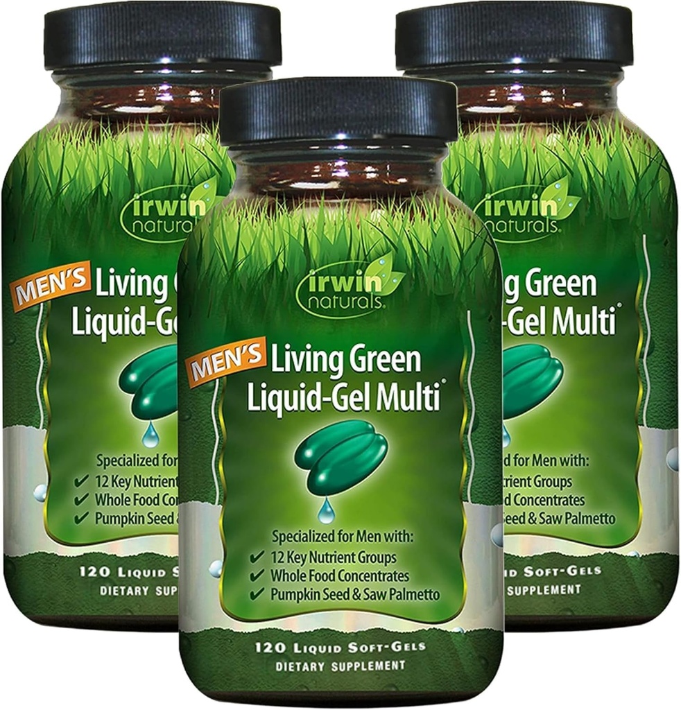 Irwin Naturals Men's Living Green Liquid-Gel Multi - 70 Nutrienti Essenziali, Vitamine Full-Spectrum, Miscela Wholefood - Supporto Adrenale e Cervello mirato - 120 Liquid Softgels (Pack of 3)