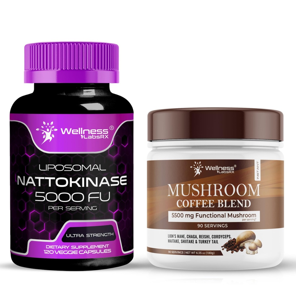 WELLNESS LABSRX Nattokinase Ergänzung Kapseln 5000 FU - Pilz Kaffee Mischung