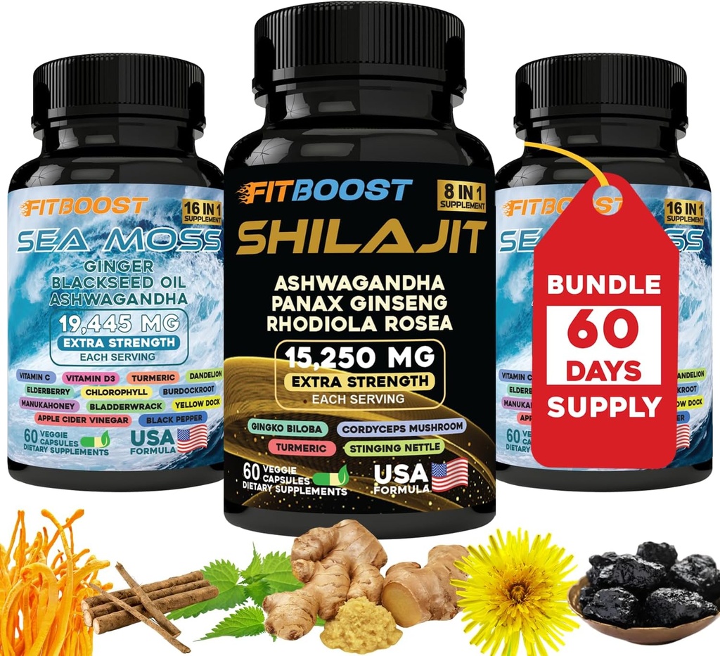 60Day Supply Sea Moss und Shilajit Bundle für Herren All-in-1 Dynamic Vitality Bundled Seamoss Black Seed Oil Ashwagandha Burdock Root Delicately vorbereitet für Sie zu regentain & Regain Strength