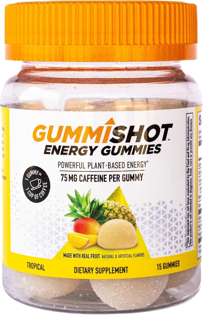 GummiShot Energy Gummies, 1125 mg of Plant-Based Caffeine Chews per Bottle, Long Lasting Energy Boosters, Tropical (15ct)