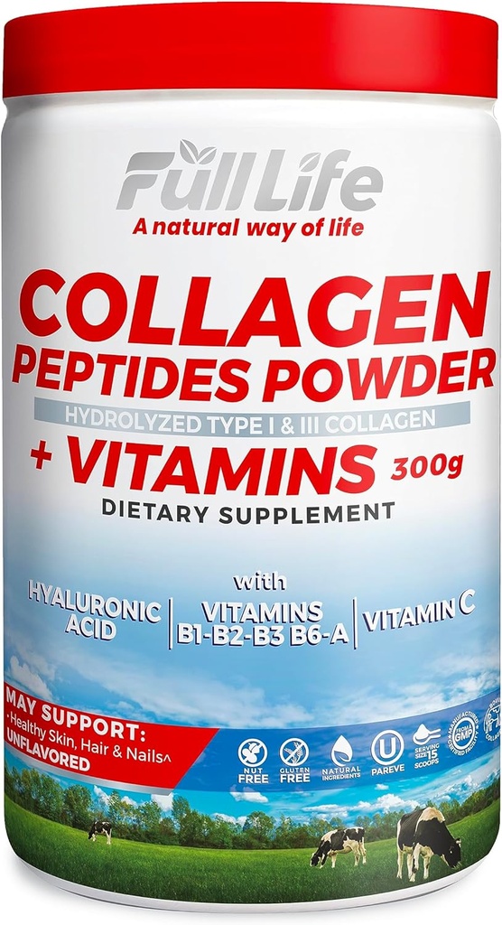 Polvere di peptidi di collagene di vita completa - Supplemento di collagene di bovino con acido ialuronico - Polvere di collagene idrolizzata per le donne e gli uomini - Kosher, senza glutine - 300g