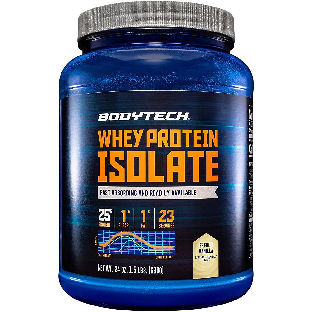 BodyTech Whey Protein Isolate Powder, Vanilla Flavor français, 25g de protéines par portion, haute teneur en poudre de protéines avec acides aminés et BCAA pour hommes et femmes, sans gluten, 1,5 lb, 23 portions