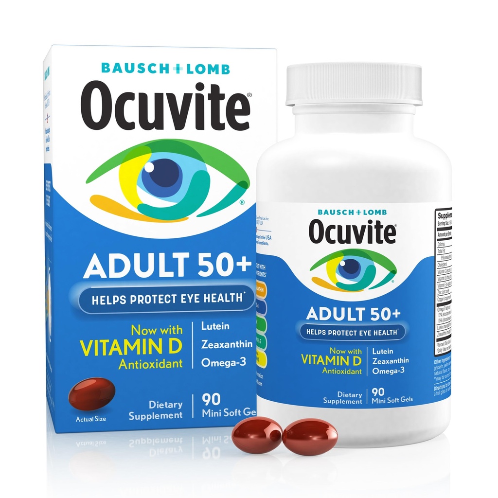 Ocuvite 50+ Vitamine et supplément minéral, Multivitamine pour la vision et la santé oculaire avec Oméga-3, Zinc, Vitamines C & E, Lutéine et Zeaxanthin, Suppléments de zinc pour les femmes et les hommes, 90 Softgels