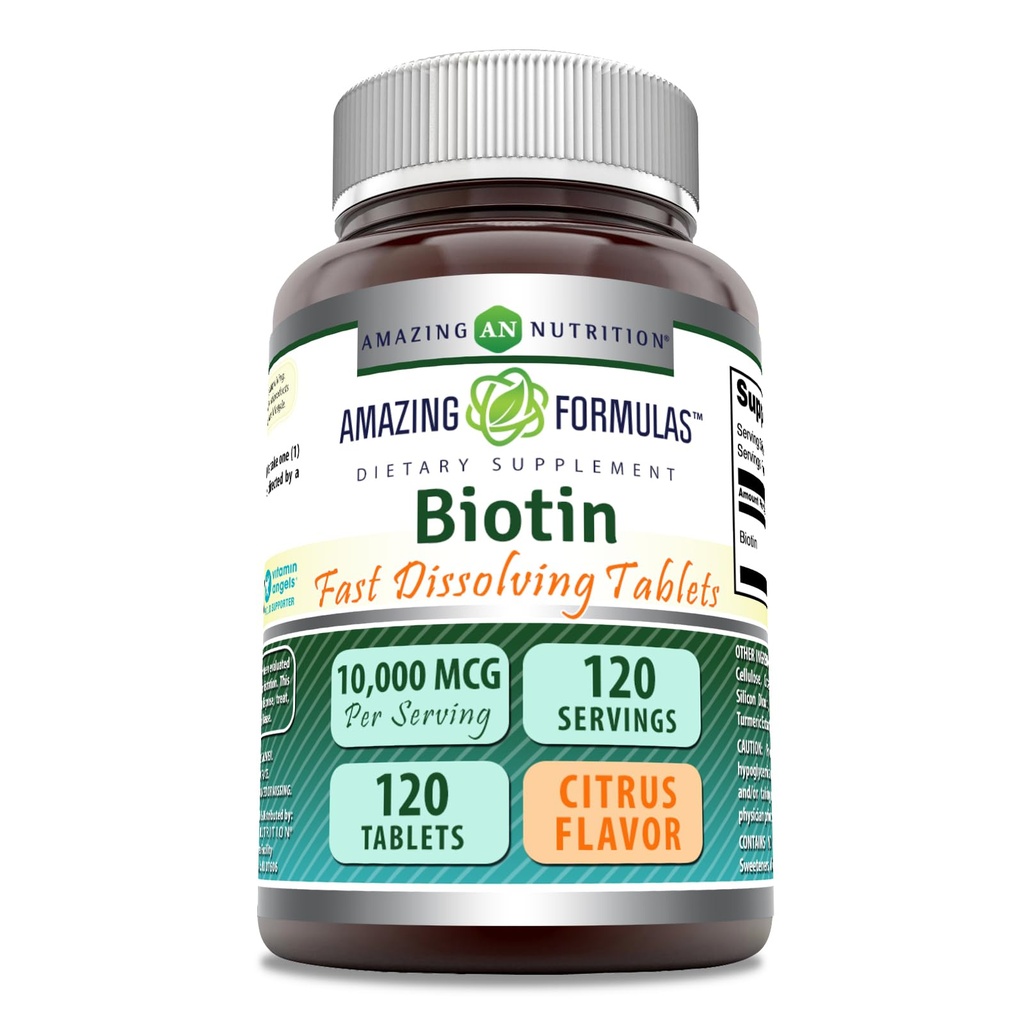 Formules étonnantes Biotine 10 000 mcg.com Comprimés dissolvants rapides.com Supplément sans gluten.com Fabriqué aux États-Unis (Citrus)