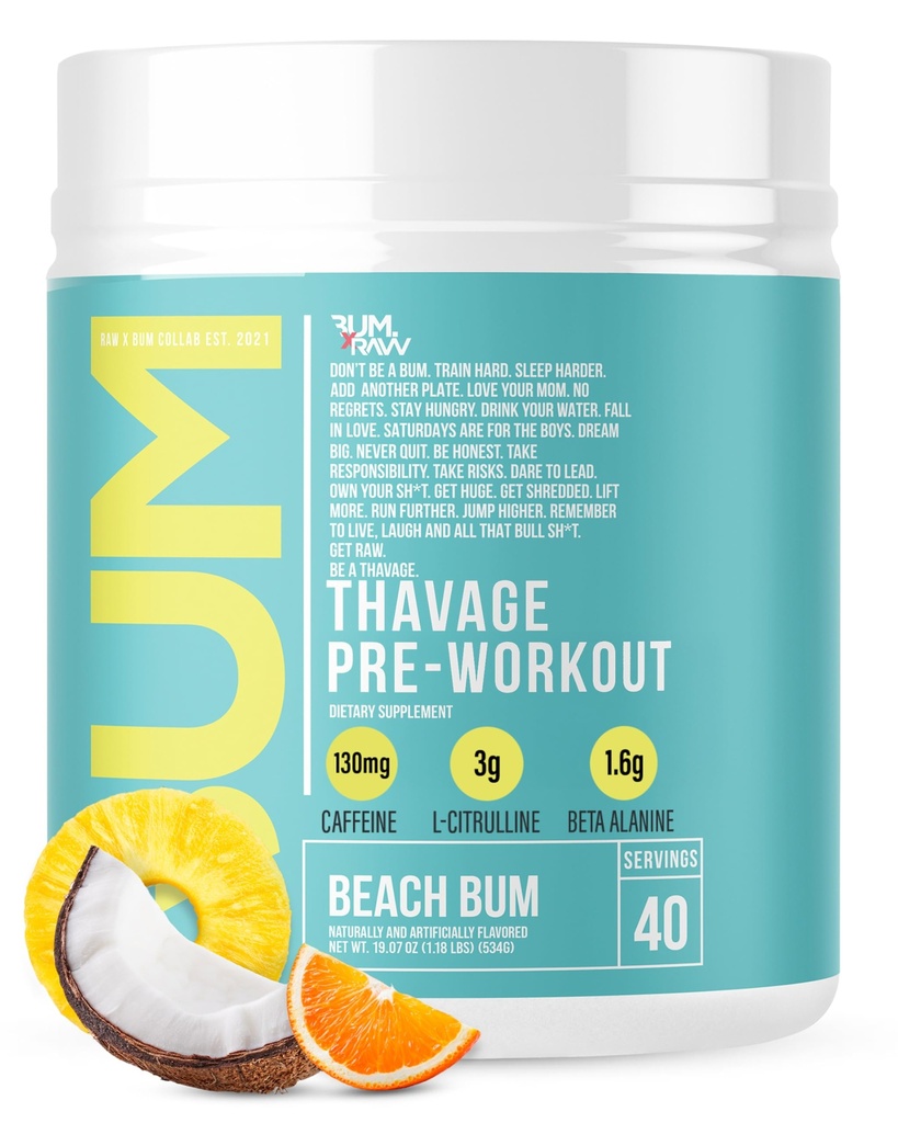 RAW Pre Workout Powder, Thavage (Beach Bum) - Chris Bumstead Sports Nutrition Supplement for Men & Women - Cbum Pre Workout for Working Out, Hydration, Mental Focus & Energy - 40 Portionen