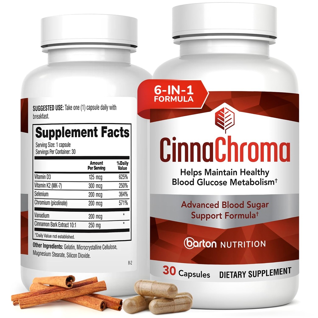 CinnaChroma Capsules - Integratori di cannella con 10:1 Estratto, Cromo, Vanadium, Selenio, Vitamina D3 & K2 - Blocco di zucchero naturale - 30 Capsule, 1 Mese di Alimentazione