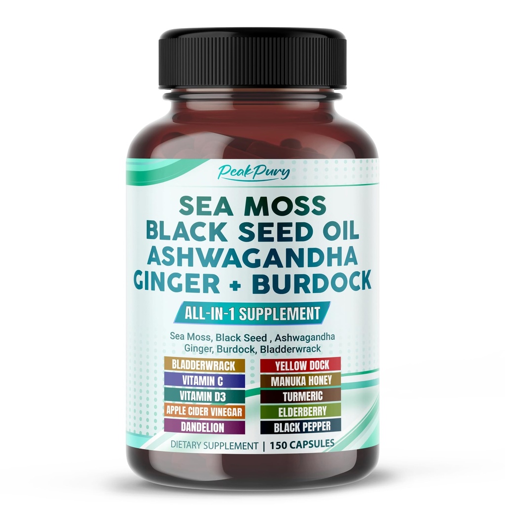 Sea Moss Black Seed Oil Ashwagandha Ginger Burdock Bladderwrack - Supporto per l'immunità - Made in USA