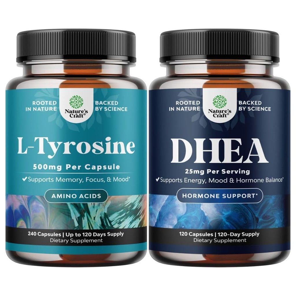 Bundle di Free Form L Tyrosine 1000mg Capsule - Aminoacido Nootropic per Mood Focus Attenzione e prestazioni cognitive e DHEA Supplemento per l'equilibrio dell'ormone - Dehydroepiandrosterone per gli adulti