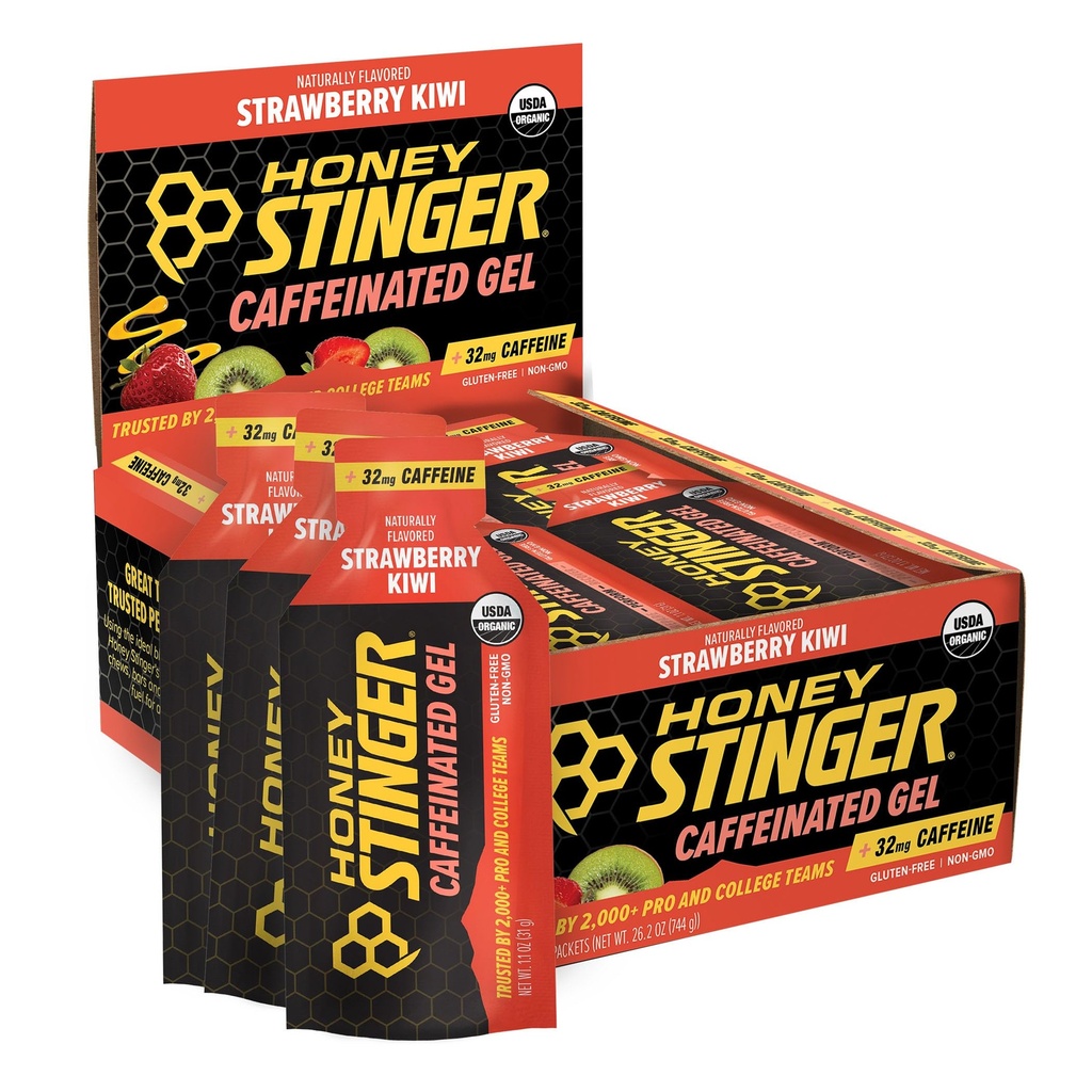Miele Stinger Strawberry Kiwi Energy Gel, Caffeinated & Gluten Free con Miele Organico, per Esercizio, Corsa e Prestazioni, Nutrizione Sportiva per Casa & Palestra, Pre e Mid Workout, 24 Pack
