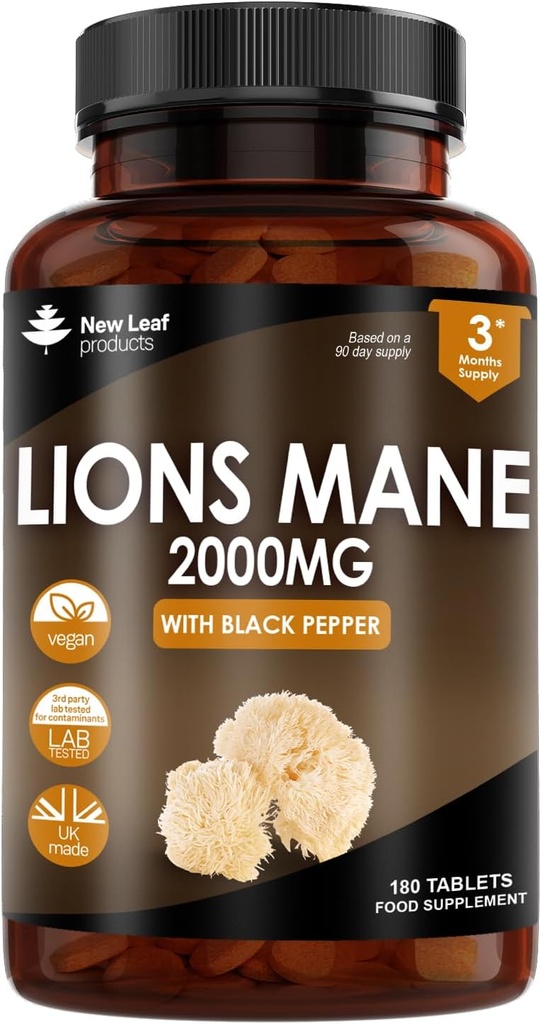 New Leaf Products Lions Mane Mushroom Extract Supplément 2000mg - 180 comprimés véganes à haute résistance avec poivre noir - (pas de poudre ou de capsules) Fabriqué au Royaume-Uni
