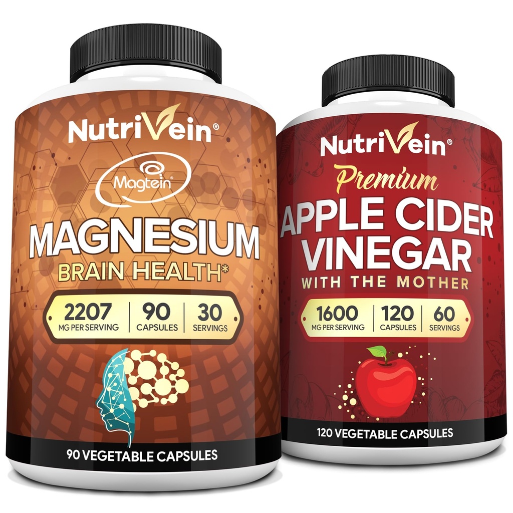 Nutrivein Premium Apple Cider Vinegar Capsules & Magnesium L-Threonate Bundle: High-Absorption Magnesium Threonate Supplement and Apple Cider Vinegar Supplements for Brain, Gut, & Overall Well-Being