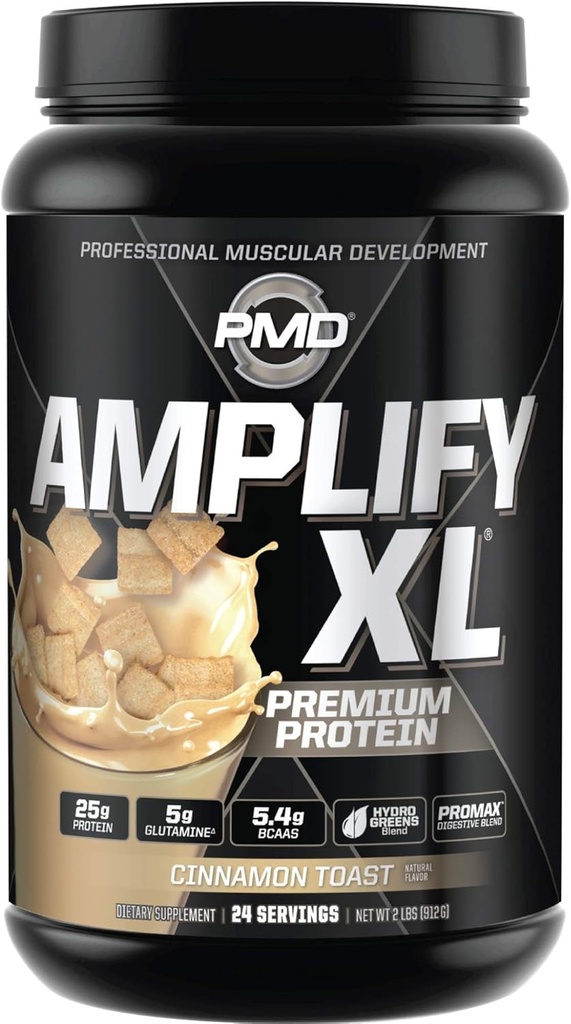PMD Sports Amplify XL Premium Whey Protein Supplement Hydro Greens Blend - Glutamina e Whey Protein Matrix con Superfood per il muscolo, la resistenza e il recupero - Toast di cinnamone (24 Serve)