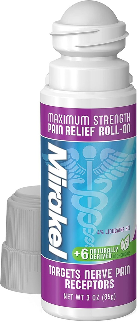 MIRAKEL Nerve Pain Relief Roll-on, Maximale Stärke Lidocaine, um Schmerzen in Zehen, Füße, Finger, Hände, Beine & Arme, 3 Unzen