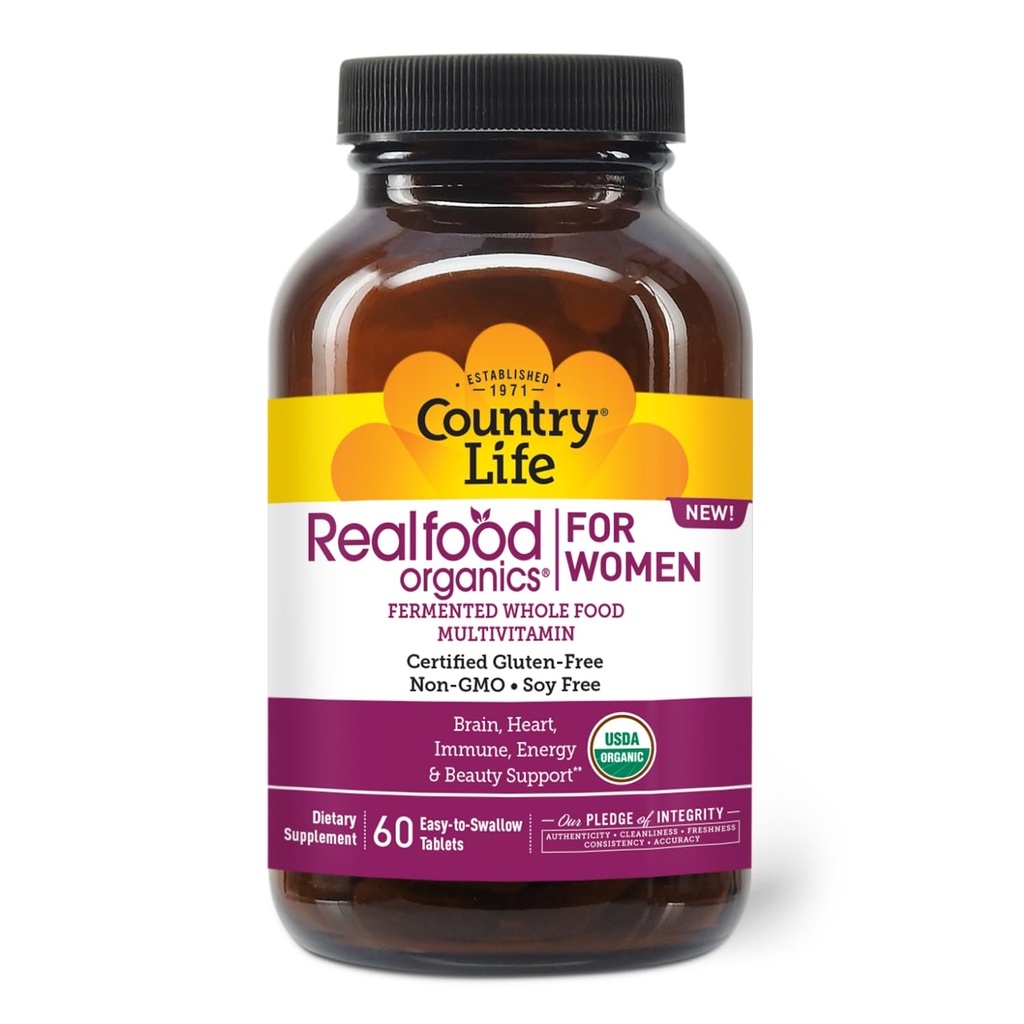 Country Life Realfood Organics Multivitamina femminile – USDA Organic, Vegan, Gluten-Free – 1.300mg Fermented Whole Foods, Vitamins D, E, B, Folate & Biotin – Daily Energy & Beauty – 60 compresse