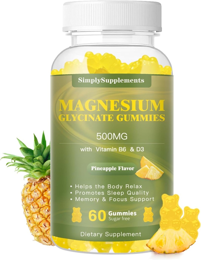 Magnesio Glycinate Gummies 500mg, Chewable Magnesium Supplement con vitamina D3, B6, CoQ10, per il rilassamento, sonno &amp; umore, calma Magnesio Gummy - 60 Ananas Gummies