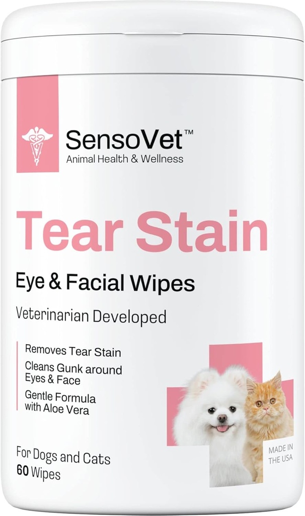 Tear Stain Remover Eye Wipes for Dogs & Cats, Cleans Eye Boogers und Gunk Discharge, Gesichtsreinigung mit Aloe Vera (Fragrance Free)