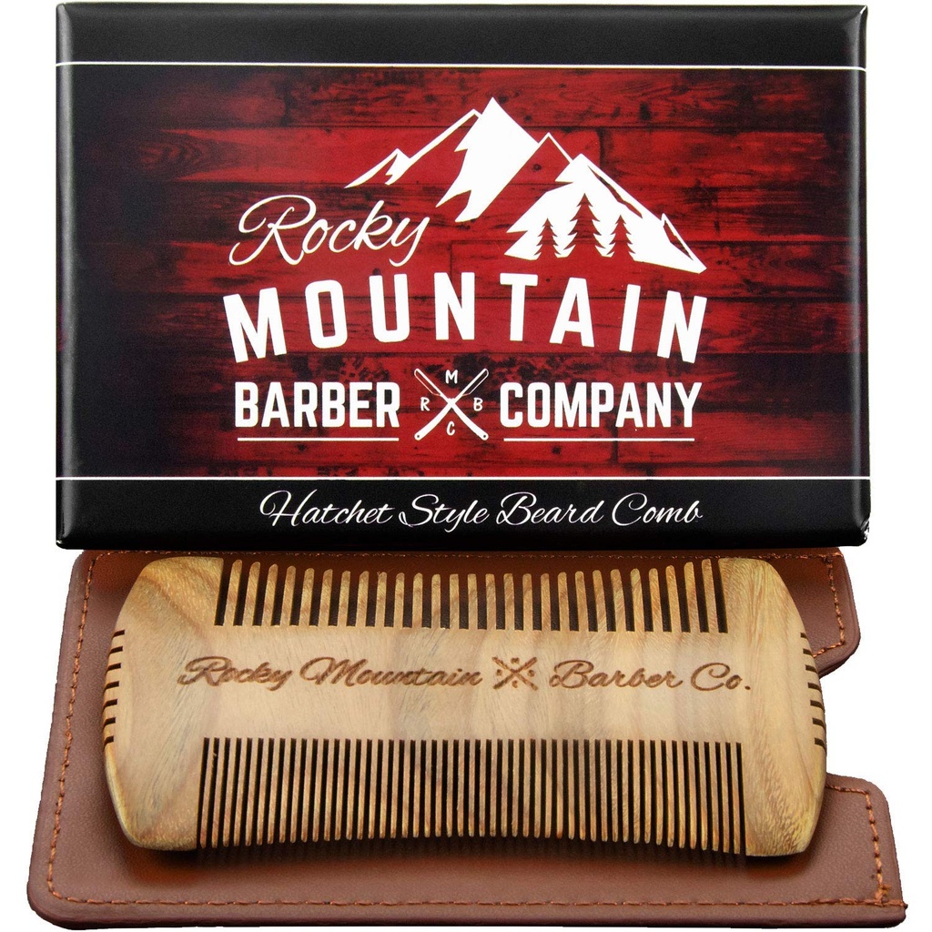 Bart Comb - Sandalwood Natural Hatchet Style for Hair - Anti-Static & No Snag, Handmade Wide & Fine Tooth Contour Brush Best für Bart & Moustache mit Carrying Case Pouch
