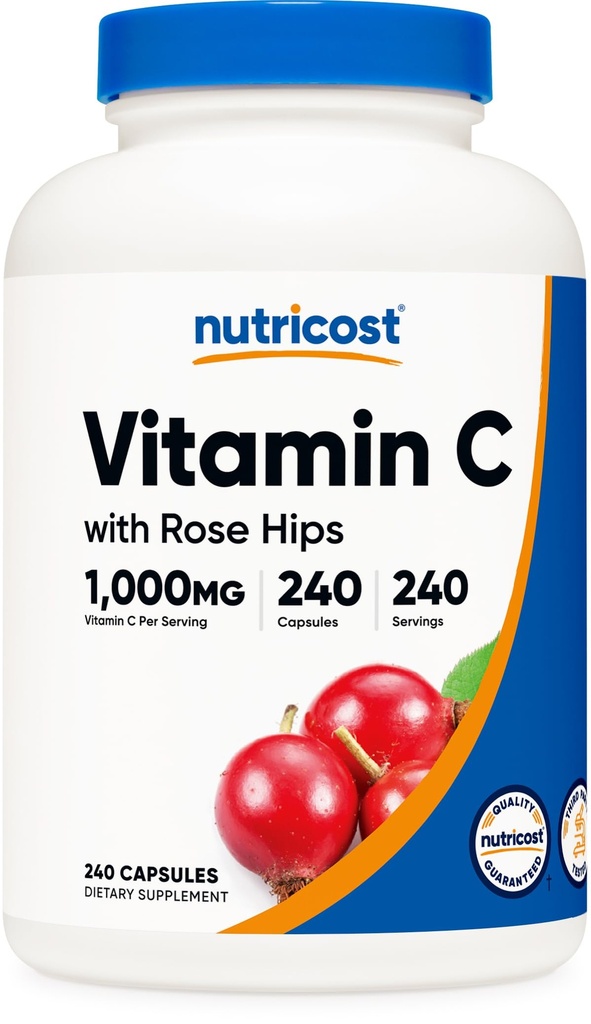 Nutricost Vitamina C con Rose Hips 1025mg, 240 Capsule - Vitamina C 1.000mg, Rose Hips 25mg, Premium, Non OGM, Gluten Free Supplement