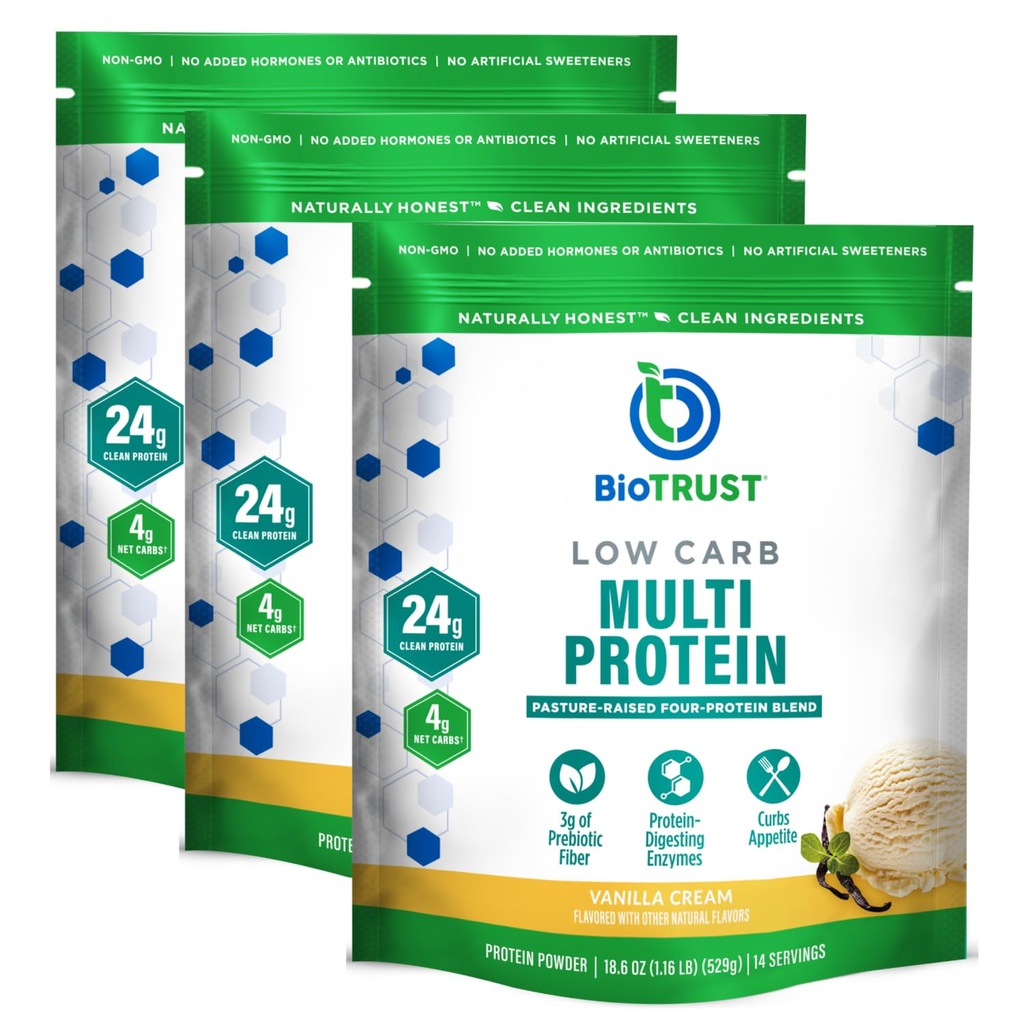 BioTrust Low Carb Protein Powder – Naturale e Delicious Whey & Casein Blend da Grass-Fed Ormone Free Cows – Non OGM, Soy Free, Gluten Free, Ormone Free (Vanilla, 3-Pack)