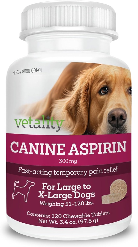 Vetality Canine Aspirin für Hunde | Fast Pain Relief | Large to X-Large Dogs | Liver Flavor | 120 Chewable Tablets