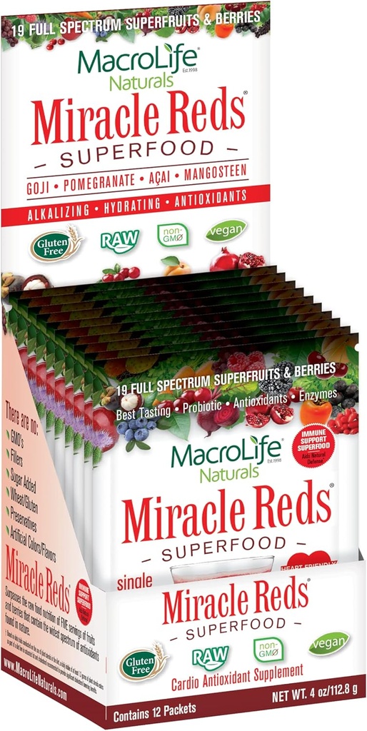 MacroLife Naturals Miracle Reds Superfood Supplemento Polvere Antiossidanti Polifenoli Enzimi Probiotici - Crudo Non OGM Organic Vegan Gluten & Dairy Free (12 Packet)