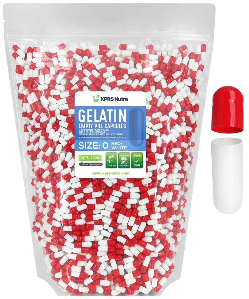 XPRS Nutra Größe 0 Leere Kapseln - 5000 Graf Leere Gelatine Kapseln - Pillen DIY Kapsel Füllung - Pure Bovine Pille Gel Kapseln für Do-It-Yourself Ergänzungen (Red/White)