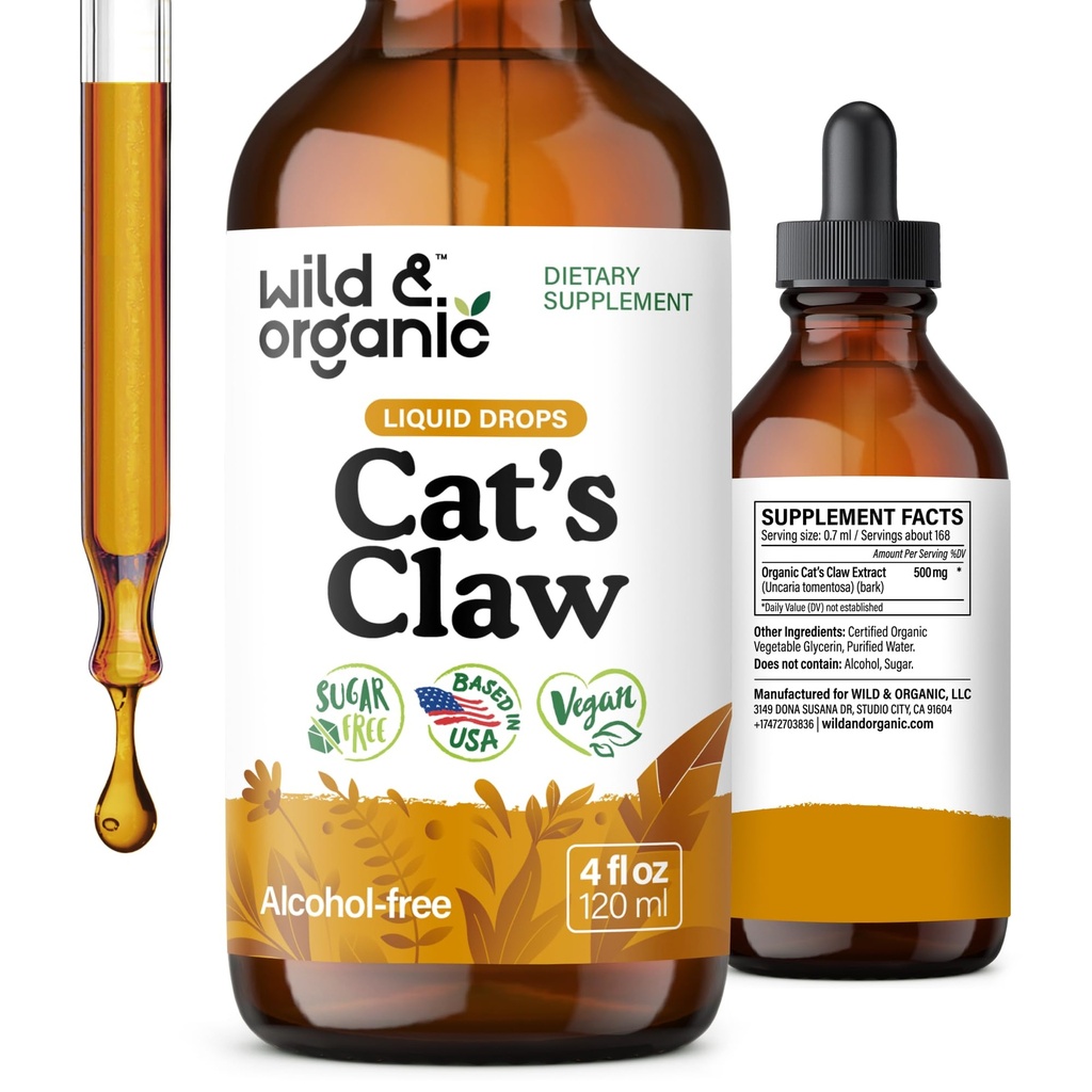 Wild & Organic Cats Claw Tincture - Integratore di supporto immunitario - Gatti Claw Herb Liquid Extract - Vegan, Sugar & Alcohol-Free Bark Based Drops - 4 fl oz