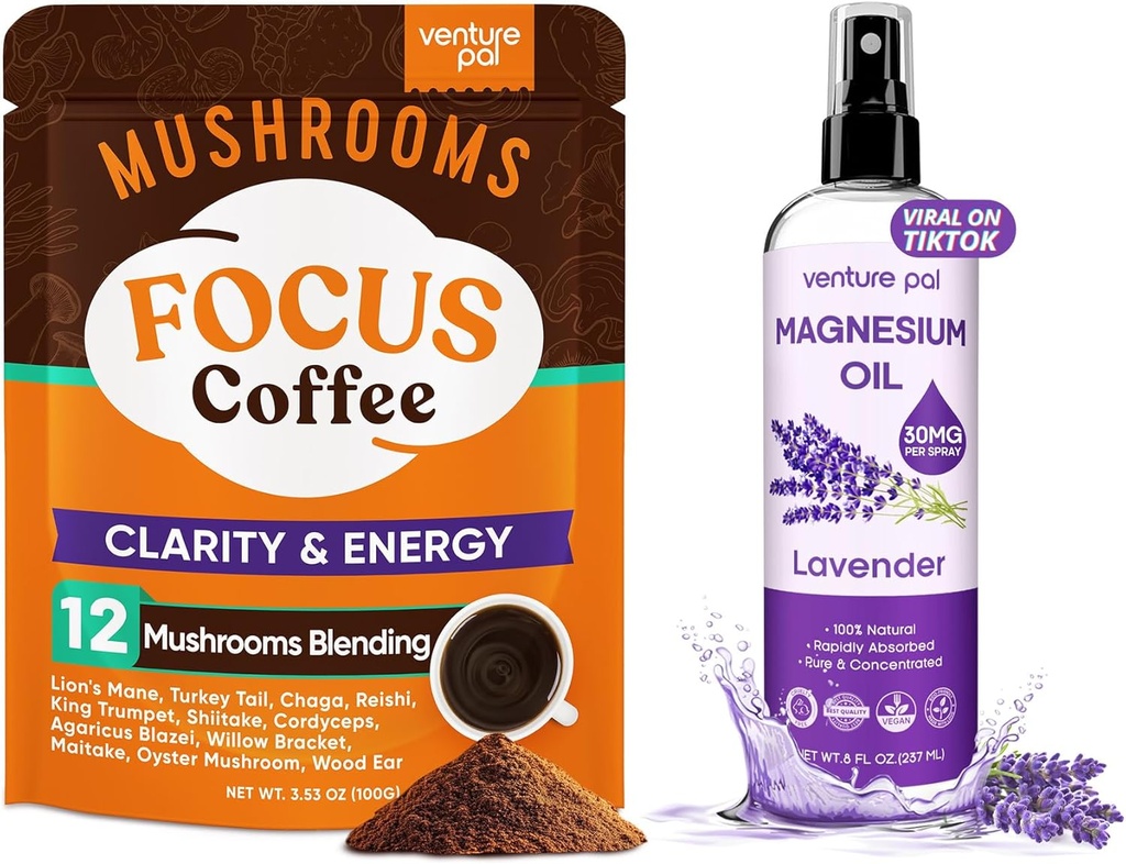 Venture Pal Mushroom Caffè e Magnesio Olio Spray Bundle: 12 in 1 Caffè con Ashwagandha per Focus & Immunity + Magnesio Olio Spray con Lavanda per Sonno & Muscolo Rilievo - 40 Serve & 8 oz
