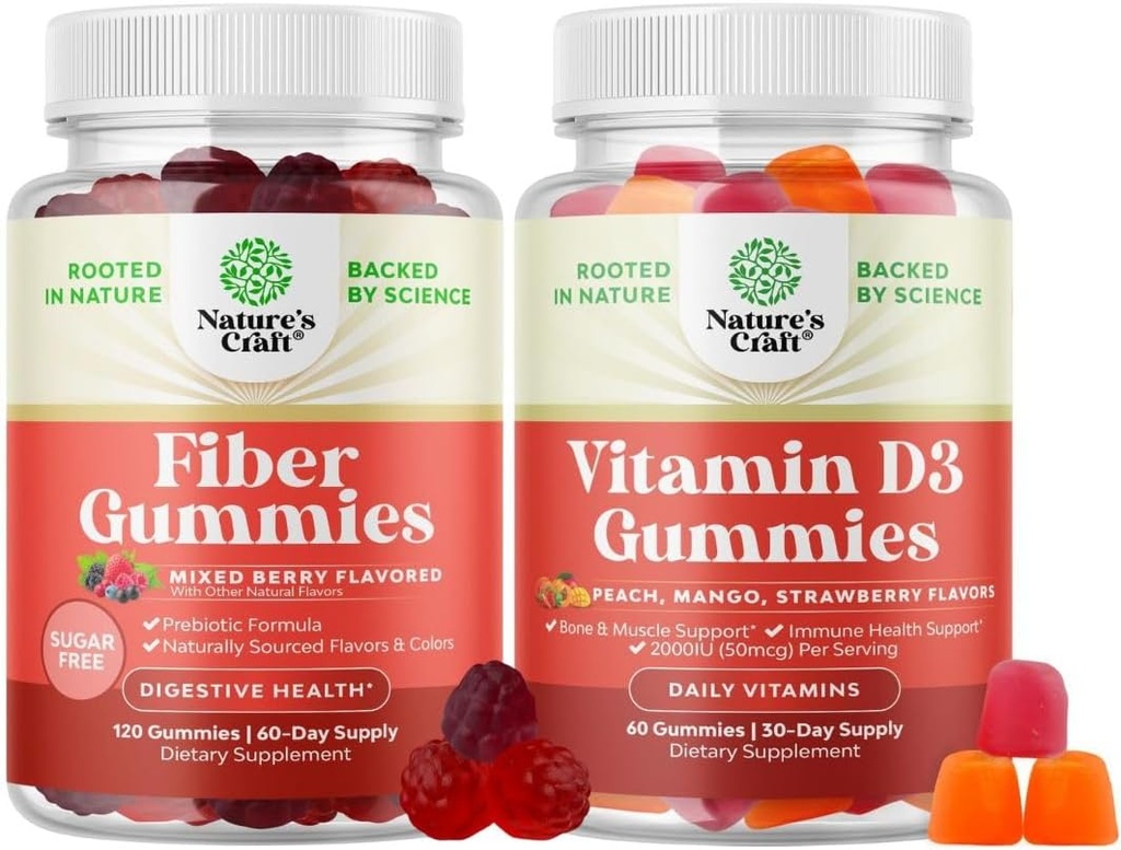 Bundle of Fiber Gummies for Adults - Chicory Root Supplement with Prebiotic for Gut & Digestive - Zucchero Free & Vegan and Vitamin D3 Gummies with 2000IU per Serving Bone Muscle & Immune Support