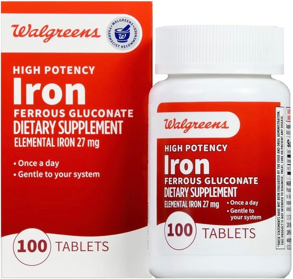 Walgreens ad alta potenza ferro ferroso gluconato 27mg, compresse, 100 ea