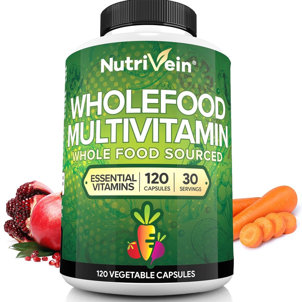 Nutrivein Whole Food Multivitamin für Männer & Frauen – 120 Vegan Multivitamin Caps für Erwachsene – Tägliche Energie, Immun- und Herzunterstützung – Raw Fruit & Veggie Blend + B Vitamine - Nicht für Kinder gedacht