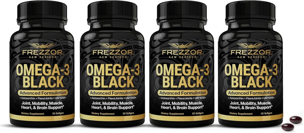 FREZZOR Omega 3 Nero - Capsula di olio di moscata verde ad alta resistenza, Made in Nuova Zelanda, UAF1000+, Inflammation, Joint Care & Relief, Heart & Immune Support, 60 Count (Pack of 4)