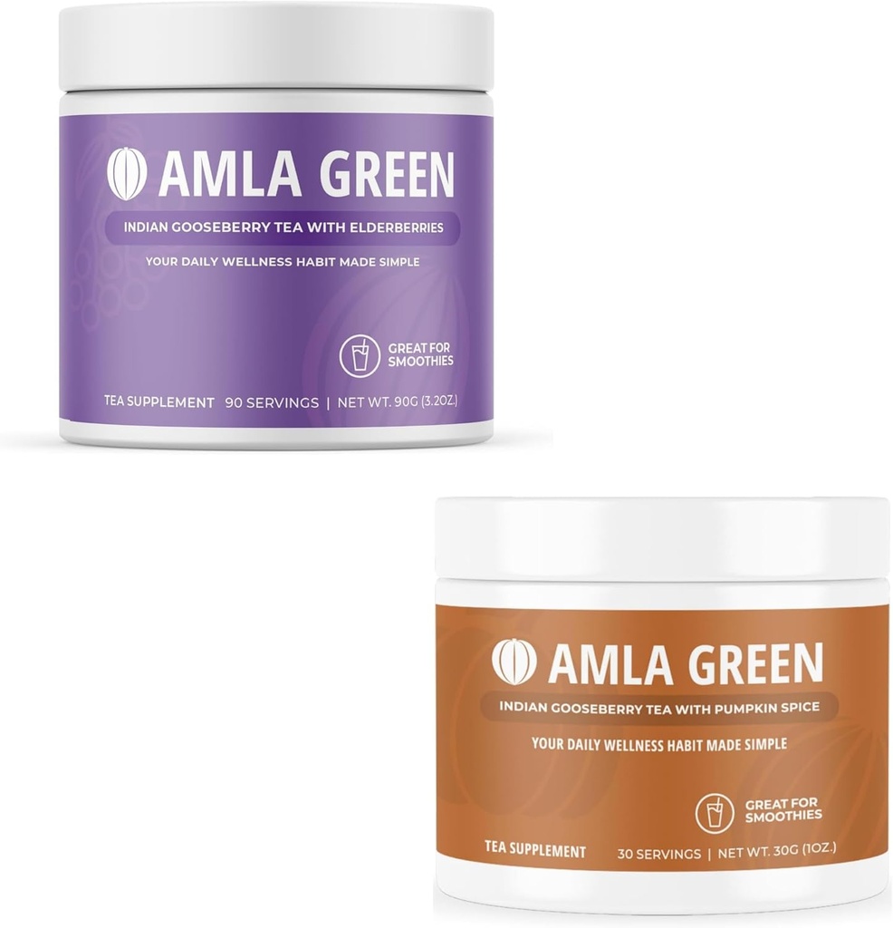 Amla Powder & Green Tea Superfood Supplement, Antioxidant Support, Made with Elderberries (90 servings) & Pumpkin Spice (30 servings), Organic, Vegan