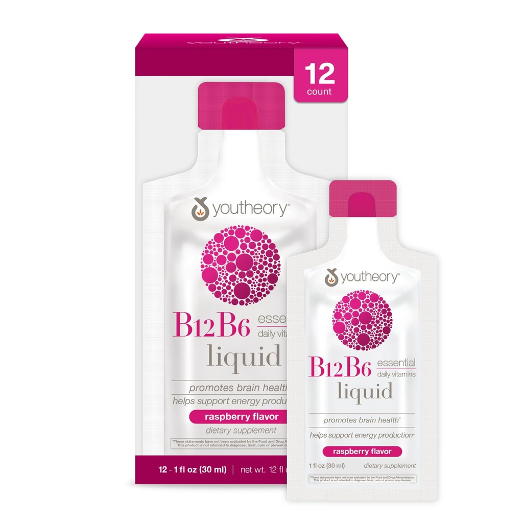Youtheory Vitamin B12 B6, Tägliche Energie- und Gehirnunterstützungsergänzung, flüssiger Himbeer Geschmack, 12 – 1oz Single Servierpakete