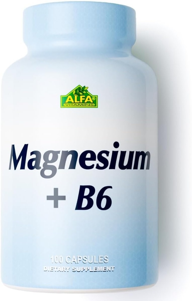 Magnesio Plus B-6 500 Mg di Alfa Vitamins - Salute cardiovascolare - Supporta la produzione di energia enzima Funzione - 100 capsule