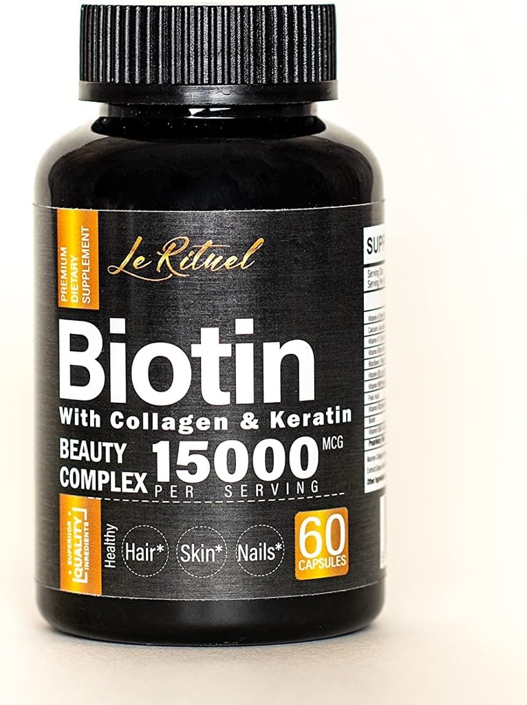 Biotin Vitamine mit Collagen & Keratin - Haarwachstumsergänzung für Frauen & Männer - 15000 mcg Pillen - Vitamine A,D,B1,B2,B3,B5,B6,B12 Complex - Gesunde Vegan Kapseln - 60 Count