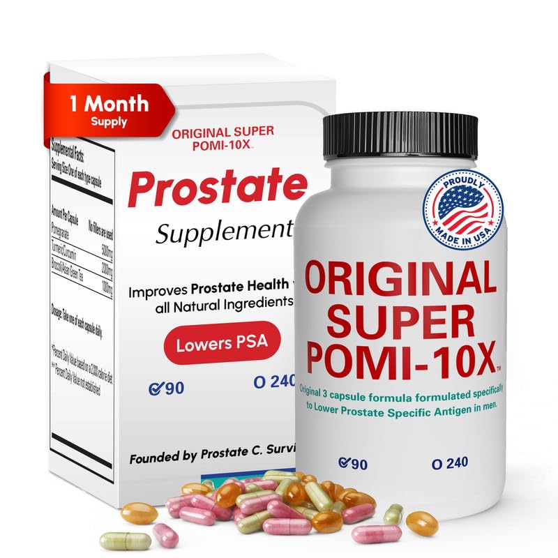 Suppléments de santé de la prostate Orignal Super POMI 10X pour les hommes - Formule à base de plantes avec grenade, curcuma et thé vert - Soutient la fonction de la prostate et favorise le confort urinaire - 90 comte