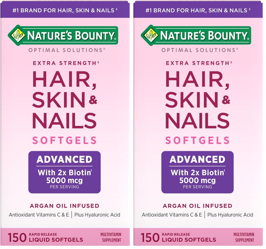 Nature's Bounty Advanced Hair, Skin & Nails, Argan-Infused Vitamin Supplement mit Biotin und Hyaluronsäure, 150 Rapid Release Softgels (Pack von 2)