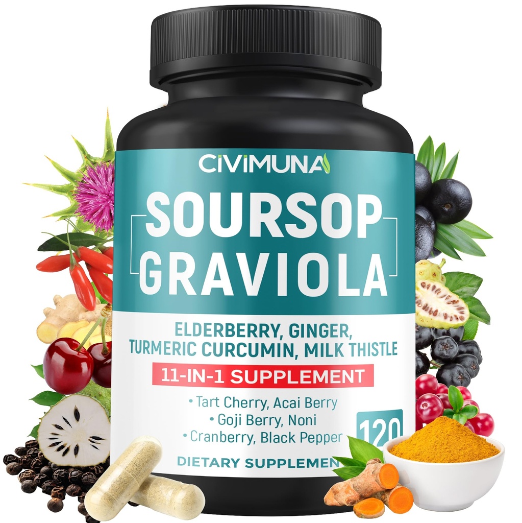 Sourop Graviola Capsules avec Elderberry, Turmeric, Ginger, Chardon de lait, Tart Cherry et plus - 120 Capsules pour 4 mois d'approvisionnement