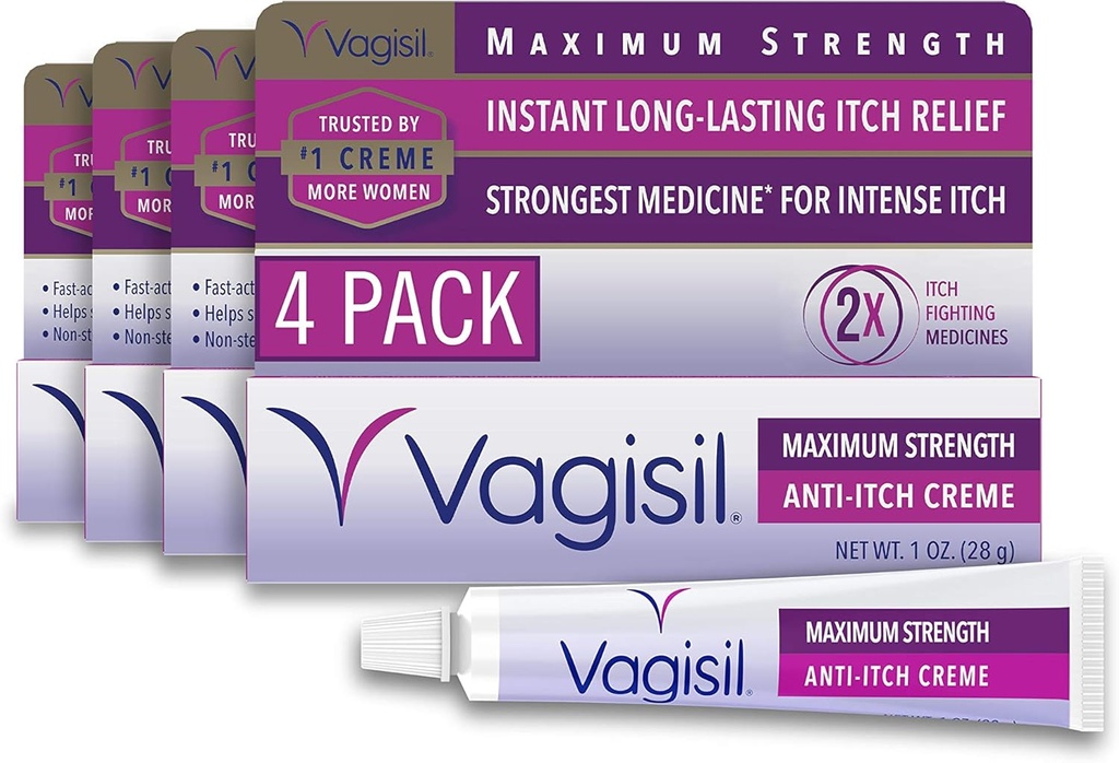 Vagisil Maximale Stärke Feminine Anti-Itch-Creme mit Benzocaine für Frauen, hilft, die Hefe-Infektion Irritation zu lindern, Gynäkologe getestet, schnell wirkend, Beruhigungen und Kühlen Haut, 1 Unze (Pack von 4)