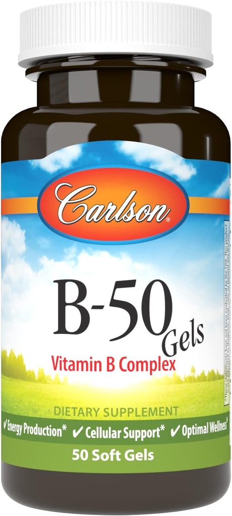 Carlson - B-50 Gels, Vitamin B Complex, Energieproduktion, Zellunterstützung & Optimale Wellness, 50 Softgels