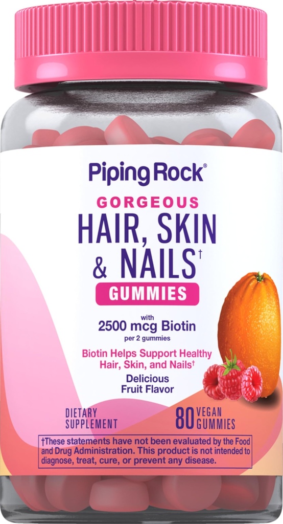 Piping Rock Peau et ongles Vitamines : 80 Gummies : 2500 mcg de Biotin : Multivitamine féminine : vitamine C et E : saveur de fruits : non-OGM, supplément sans gluten