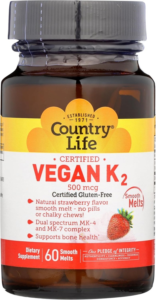 Country Life Vegan Vitamin K2, 500 mcg, Dual Spectrum MK-4 e MK-7 Complex, Supporta la salute di ossa e denti, 60 compresse masticabili, aroma di fragola