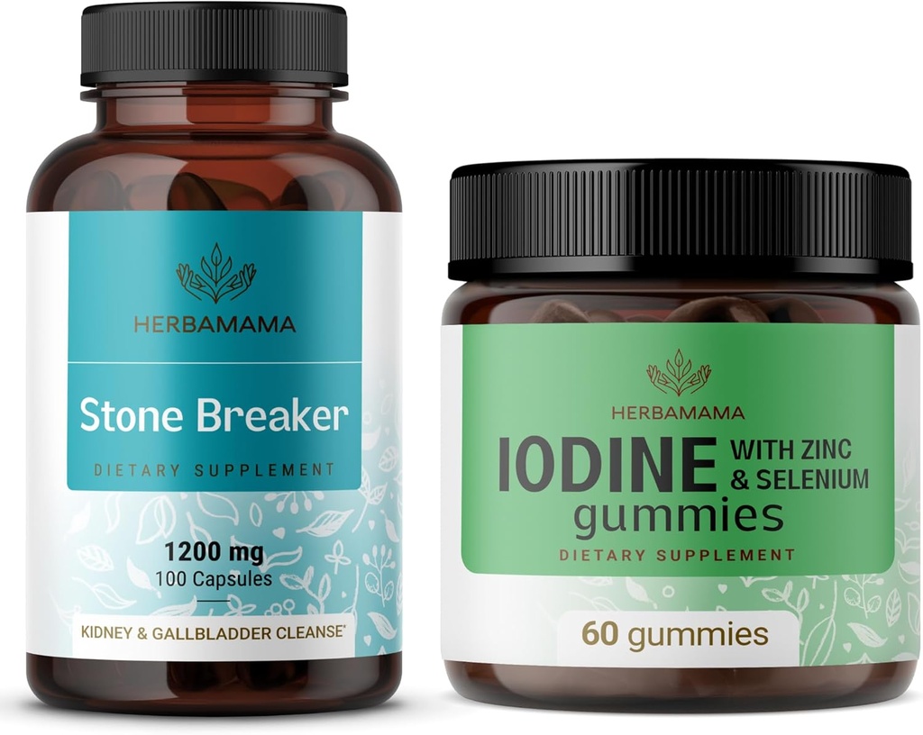 HerbAMAMA Stone Breaker and Iodine Kit - Ensemble de 1200 mg Stone Breaker Capsules & Potassium Iodine Gummies - végétalien, non-OGM, sans gélatine - 2 Pack