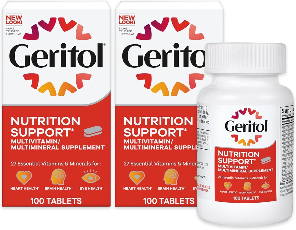 Geritol, Multivitamin-Ergänzung, Enthält B-Vitamine, Antioxidantien, Vitamine C, E & D und Eisen, 26 essentielle Vitamine und Mineralstoffe, Glutenfrei, Non-GMO, keine künstlichen Süßungsmittel, 100 Tabletten - 2ct