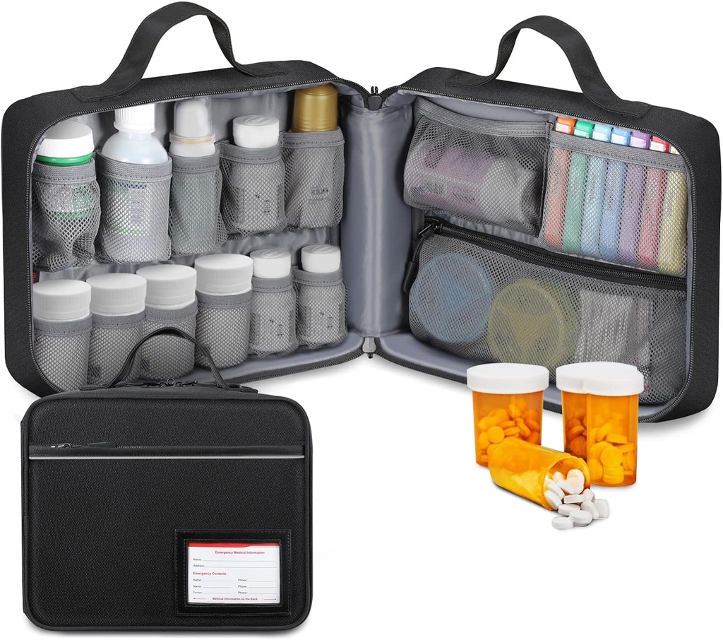 SITHON Pill Organisateur de bouteilles de médicaments Sac de stockage de médicaments Gestionnaire de cas de transport avec poignée, poches fixes pour les médicaments, vitamines, fournitures médicales, noir